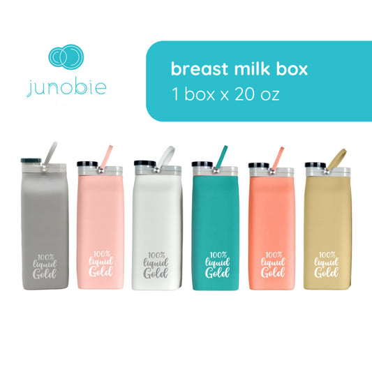 Junobie Breast Milk and Formula Box 20 oz (Gray/Pink/White/Teal/Coral/Honey) - Reusable, Silicone