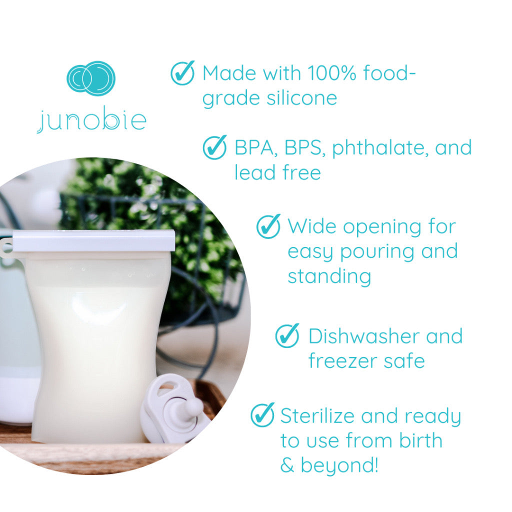Junobie Breast Milk and Snack Storage Bags 8oz 2-pack Bundle - Reusable, Silicone