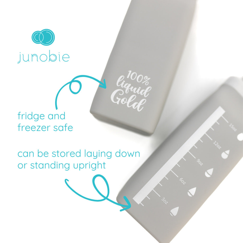 Junobie Breast Milk and Formula Box 20 oz (Gray/Pink/White/Teal/Coral/Honey) - Reusable, Silicone
