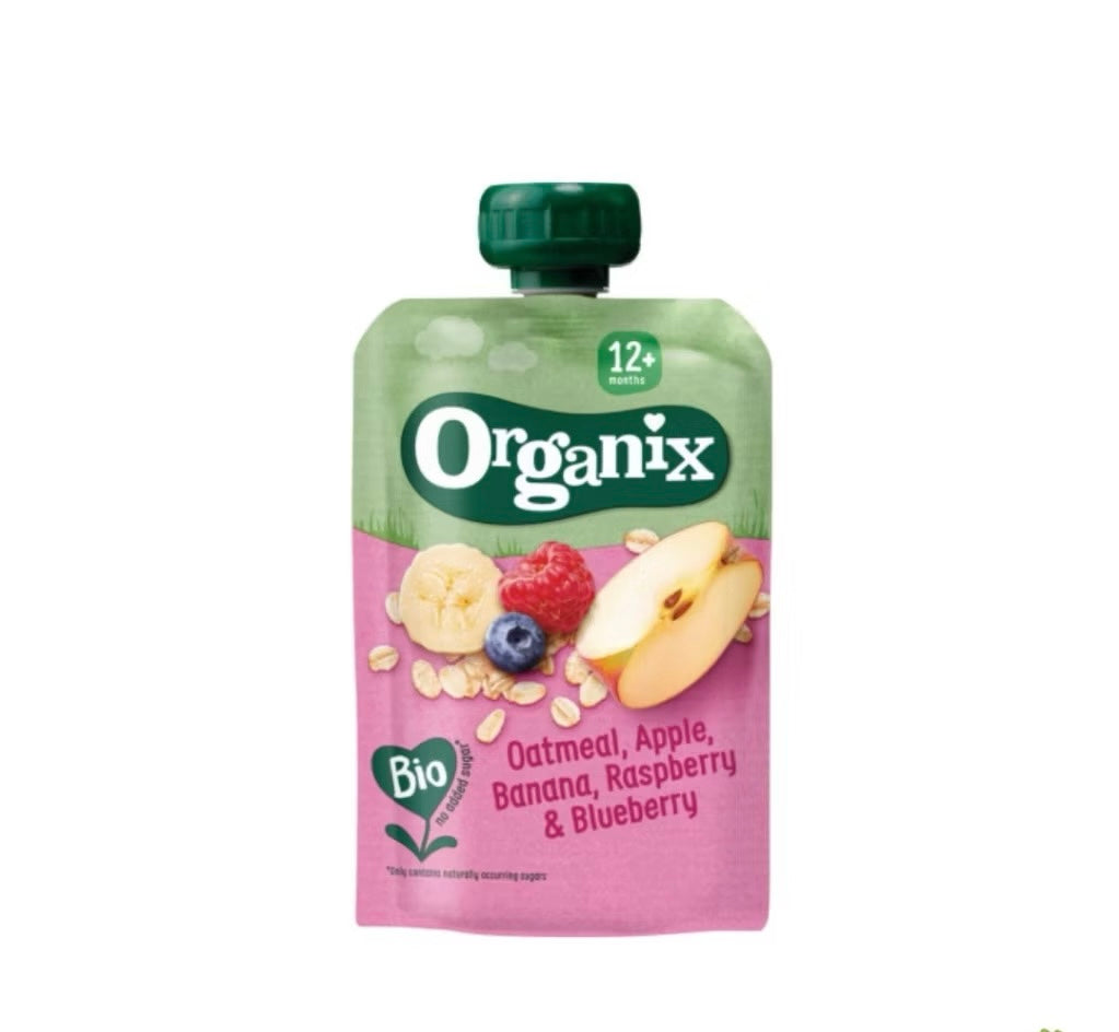 Organix Oatmeal Apple Banana Raspberry Blueberry Puree Pouch