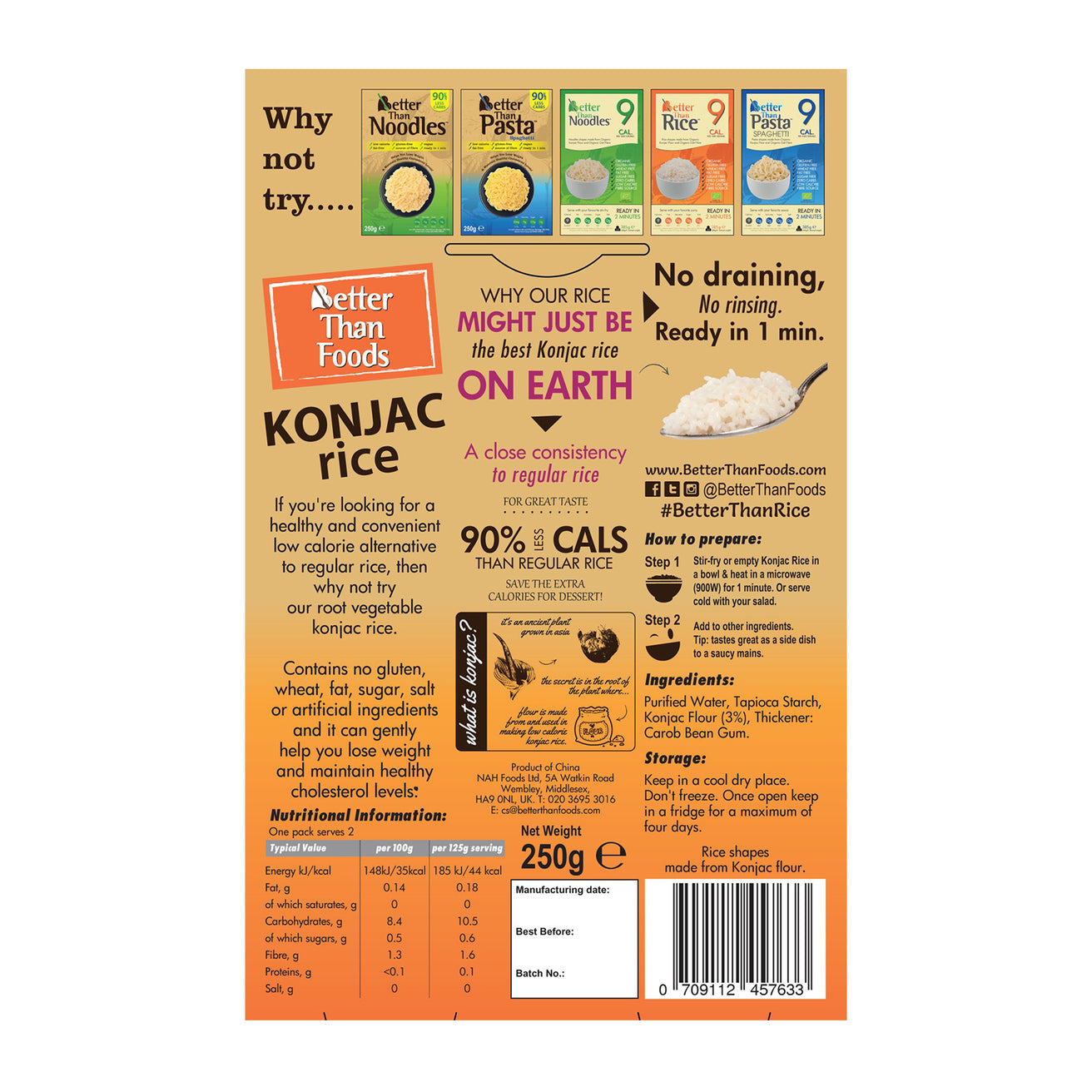 Better Than No Drain Konjac Rice 250g (Gluten Free, Keto Friendly, Low Calorie)