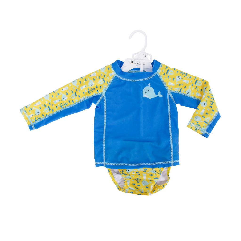 Zoocchini UPF50 3-Piece Swim Set (Sunhat Rashguard Diaper)- Willy the Whale