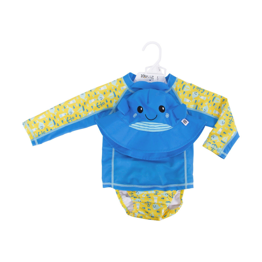 Zoocchini UPF50 3-Piece Swim Set (Sunhat Rashguard Diaper)- Willy the Whale