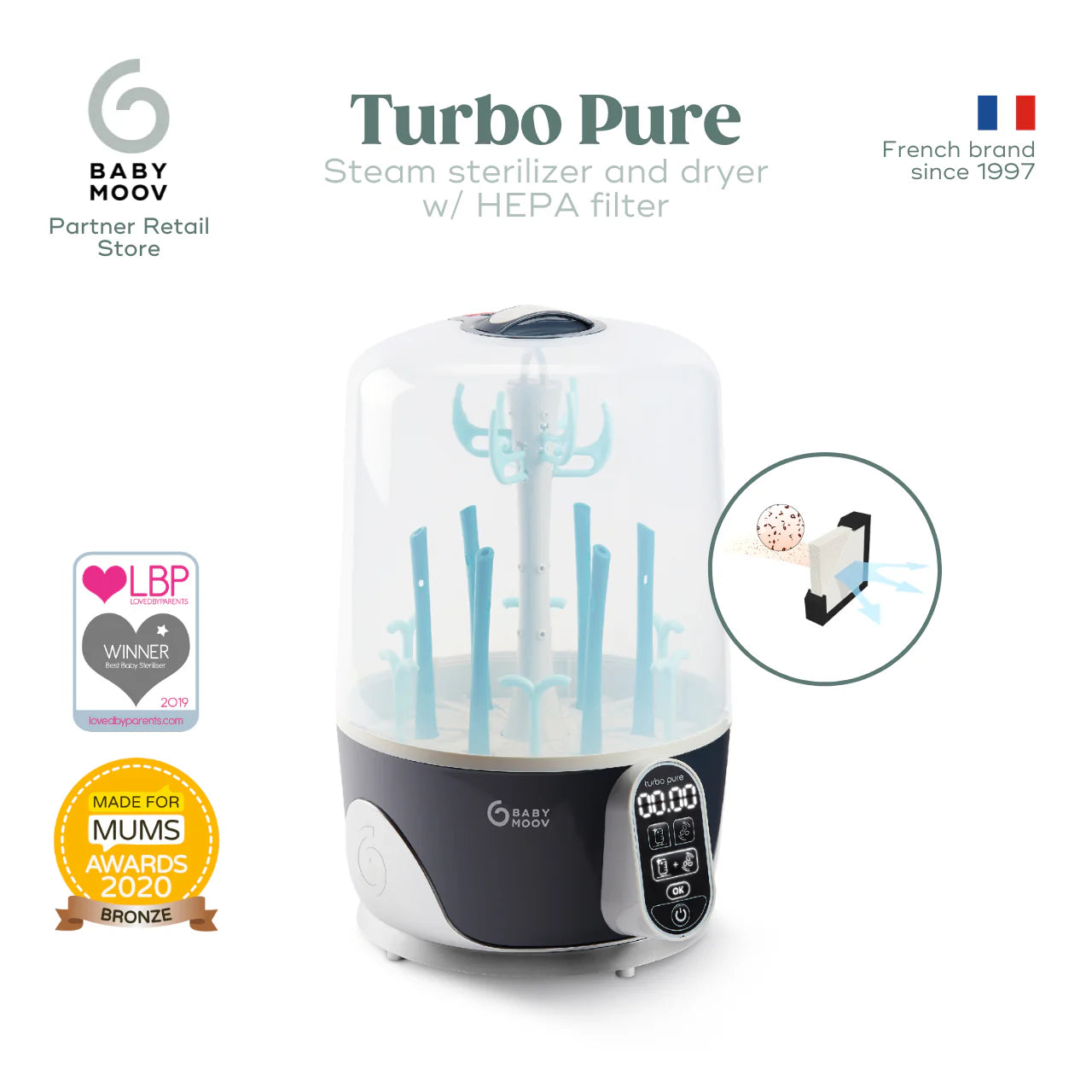 Babymoov Turbo Pure 2-in-1 Baby Bottle Sterilizer Dryer with HEPA Filter