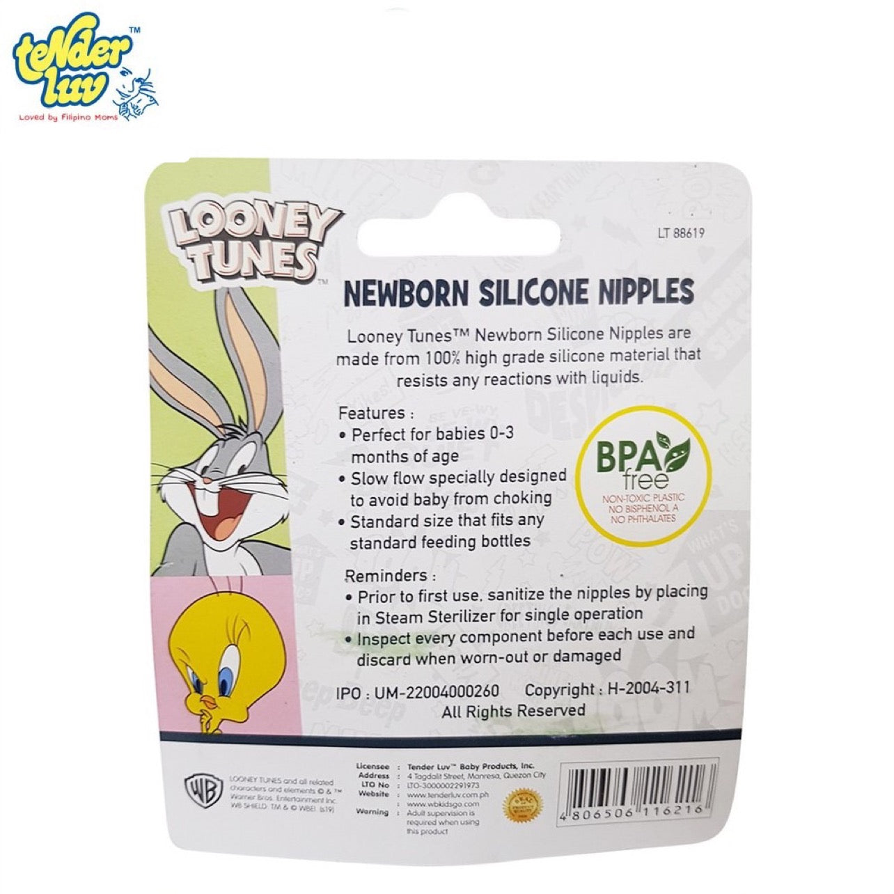 Looney Tunes 2 Pieces Newborn Silicone Nipples