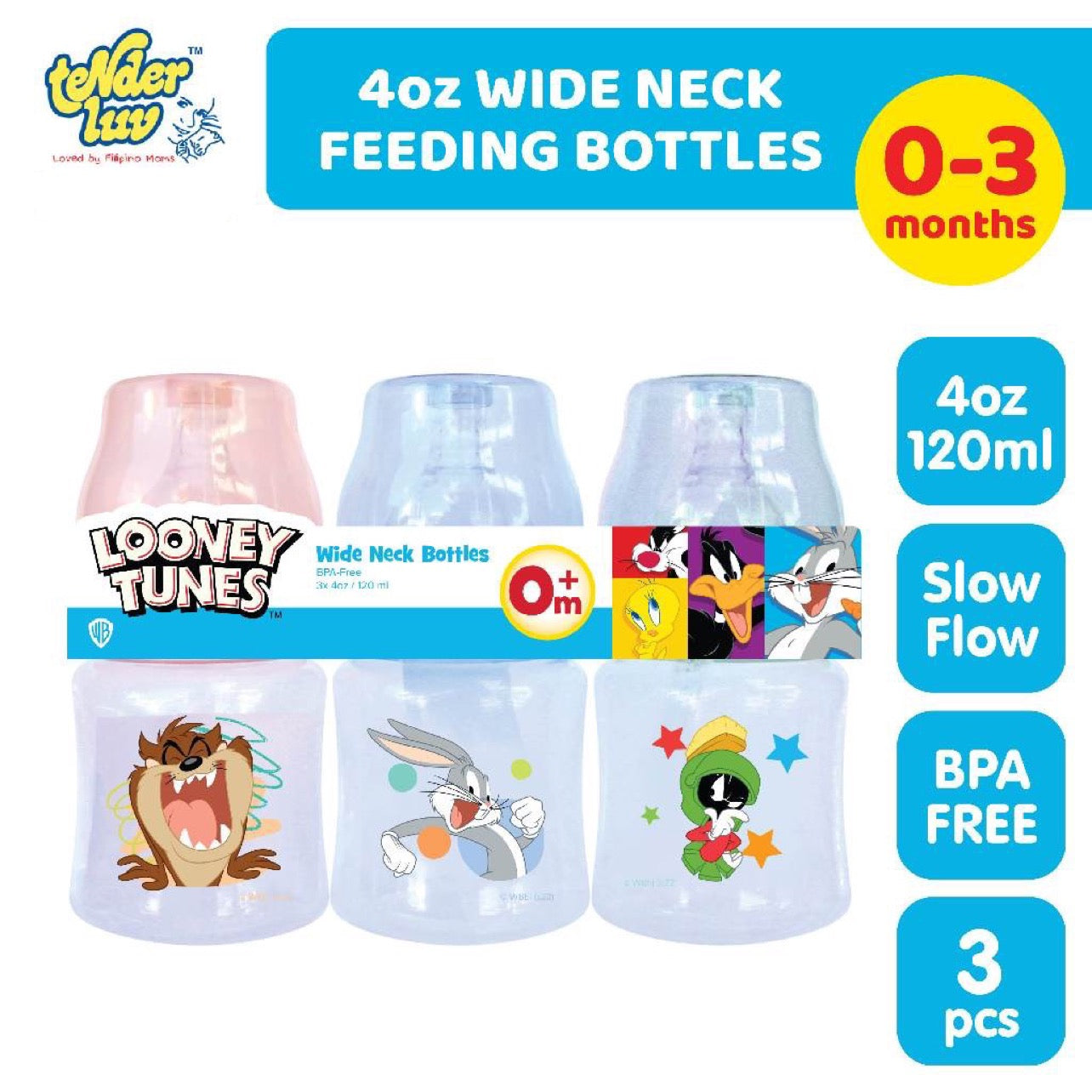 Tender Luv Looney Tunes 4oz Wide Neck Baby Feeding Bottle Set Of 3pcs.