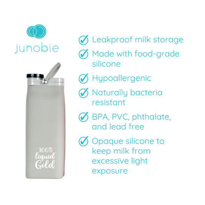 Junobie Breast Milk and Formula Box 20 oz (Gray/Pink/White/Teal/Coral/Honey) - Reusable, Silicone