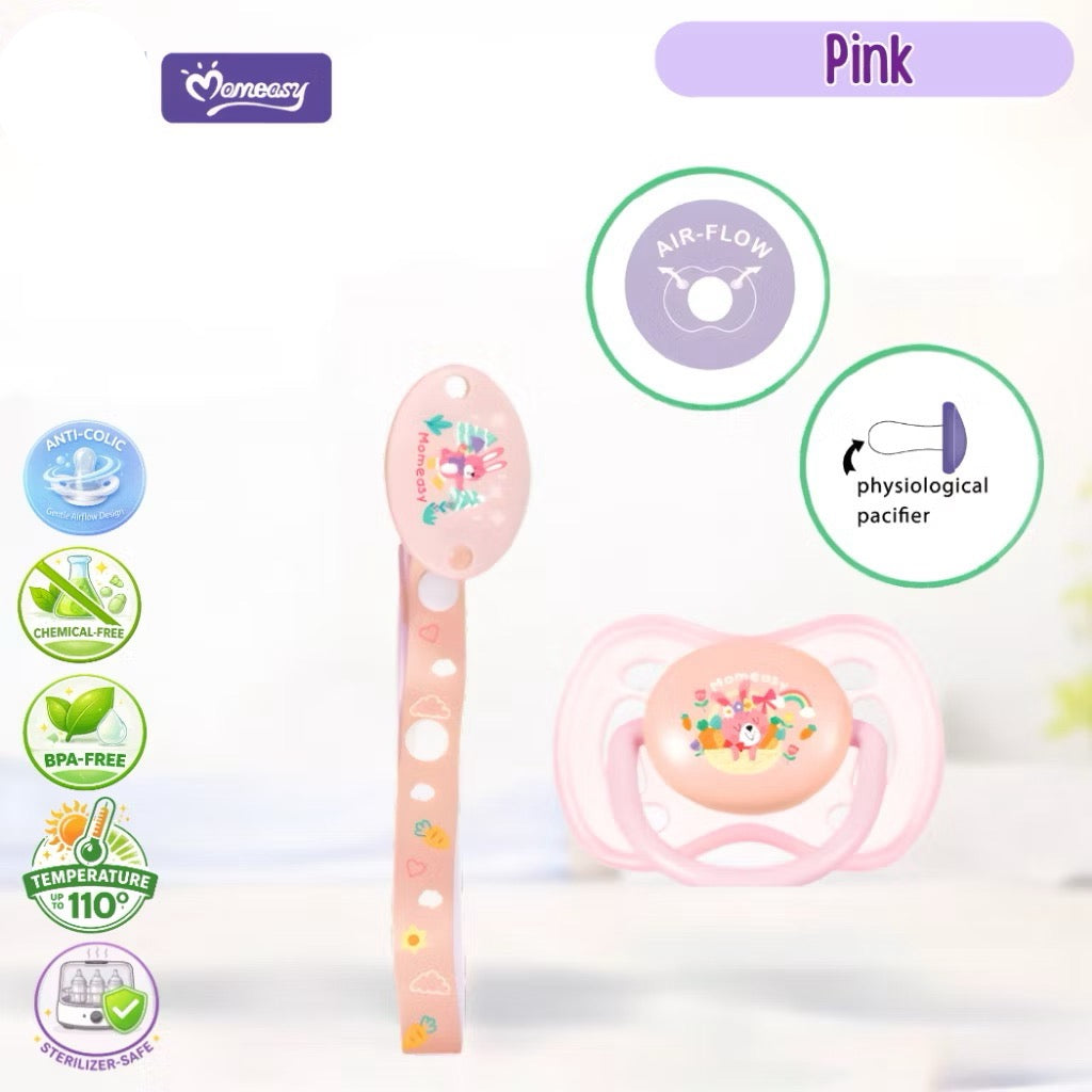 Momeasy Physiological Flathead Baby Pacifier with Safety Clip-On for 6+M Anti-Colic Baby Soother
