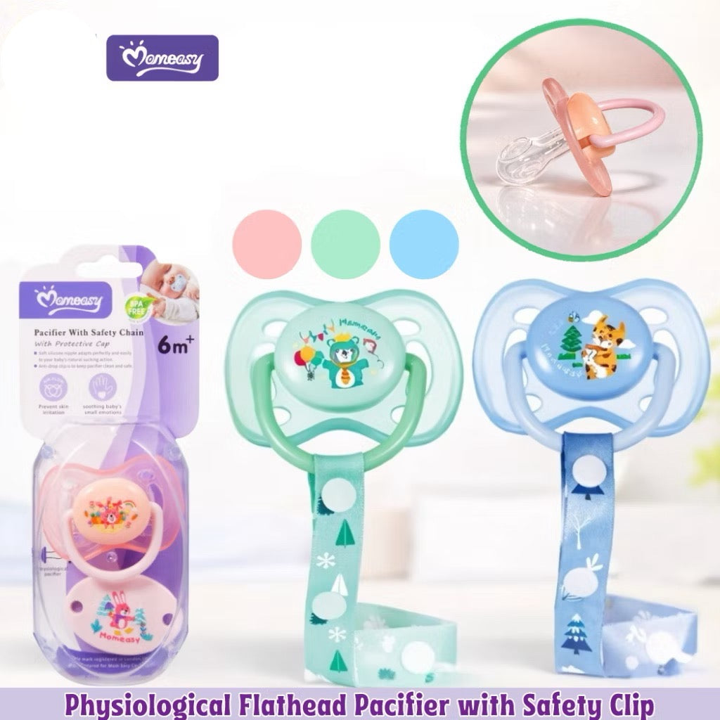 Momeasy Physiological Flathead Baby Pacifier with Safety Clip-On for 6+M Anti-Colic Baby Soother