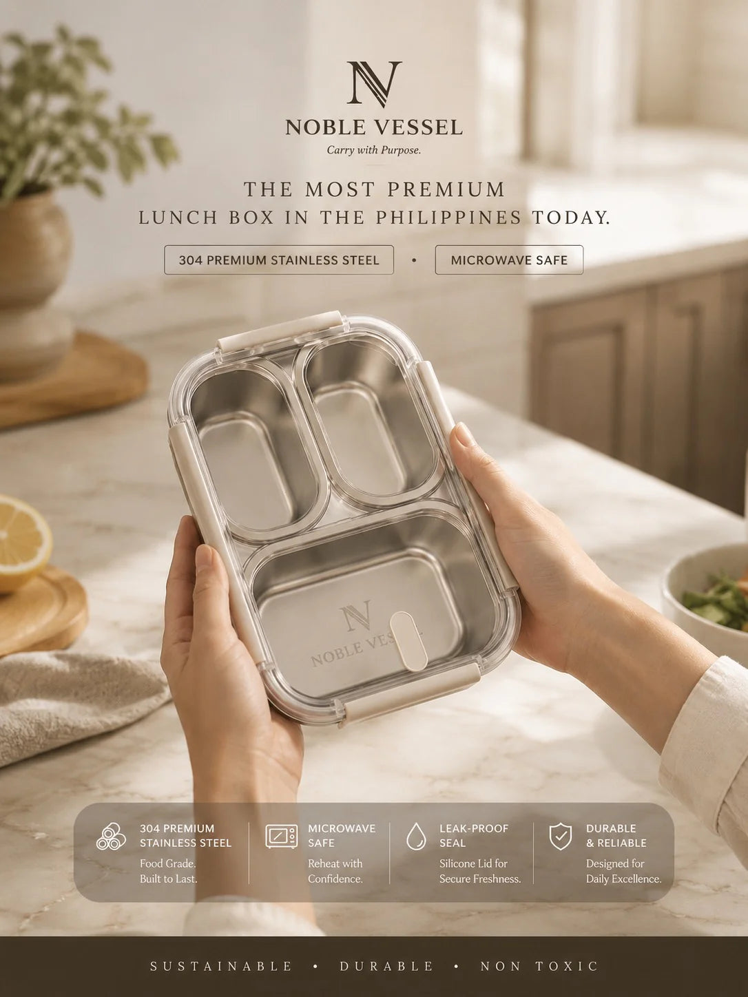 Noble Vessel Premium Stainless Steel Lunch Box in Nourish Quad