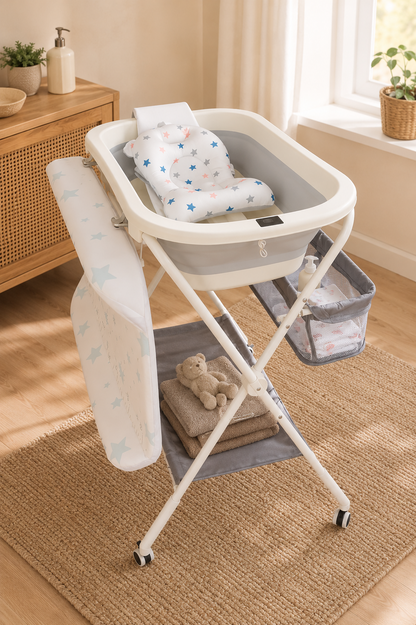 Pioletto Foldable Baby Bathtub with Stand & Nursing Table – Full Set