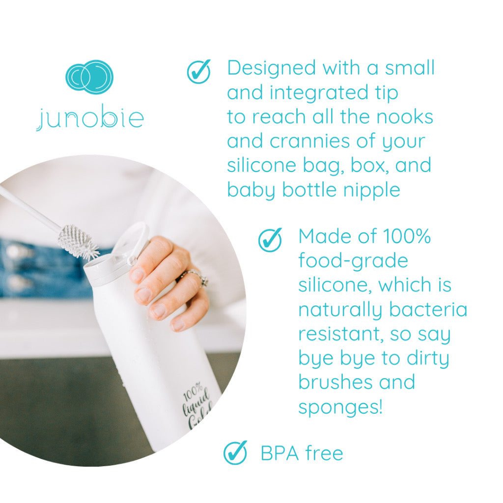 Junobie Cleaning Brush (Gray) - Silicone, For Silicone Bag, Box, and Baby Bottle Nipple