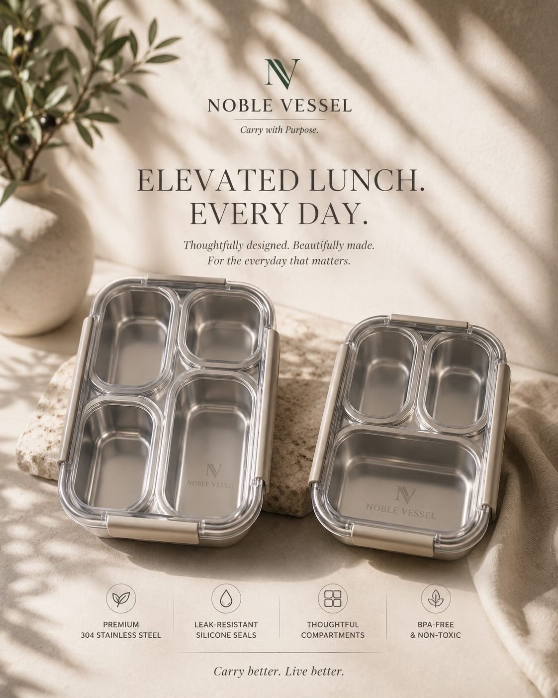 Noble Vessel Premium Stainless Steel Lunch Box in Nourish Quad