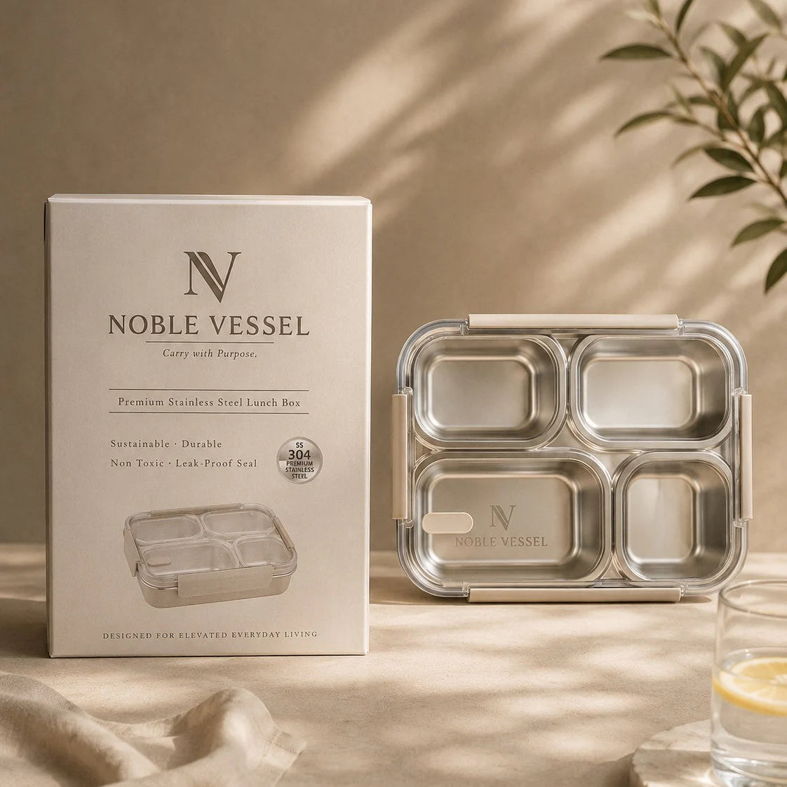 Noble Vessel Premium Stainless Steel Lunch Box in Nourish Quad