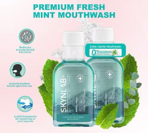 Skynlab Premium Fresh Mint Mouthwash 100ml - Extra Gentle Formula with 0% Alcohol Reduces Bacteria