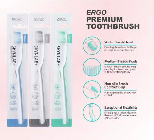 SkynLab Premium Toothbrush Ergo - 1PC Random Color, Wider Brush Head, Medium Bristles, Non-slip Grip