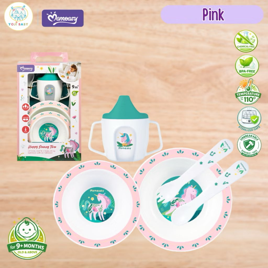 Momeasy 5-Piece PP Mealtime Set for Baby 9+M to Kids Sterilizer-Safe Bowl Spoon Fork Cup Feeding Set