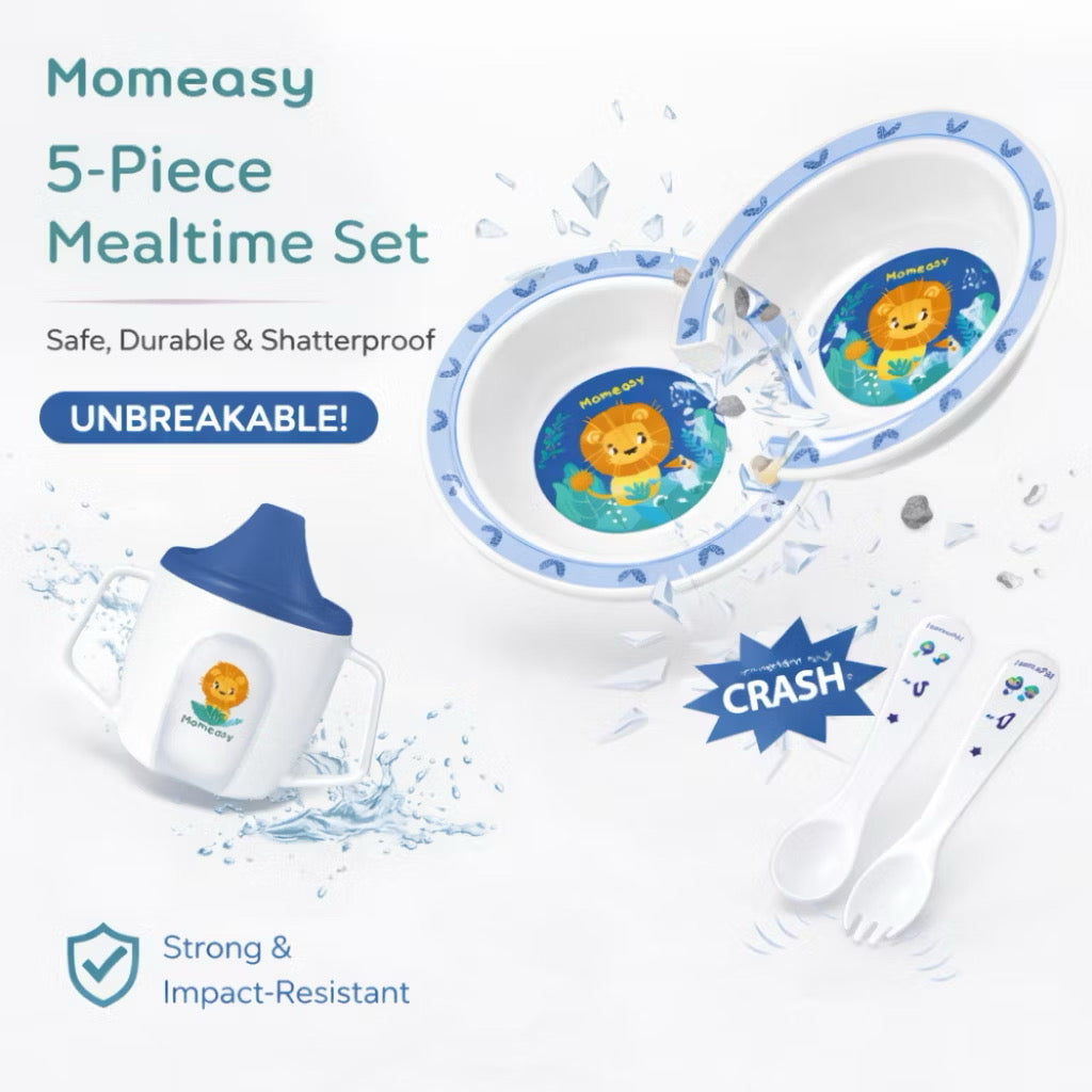 Momeasy 5-Piece PP Mealtime Set for Baby 9+M to Kids Sterilizer-Safe Bowl Spoon Fork Cup Feeding Set