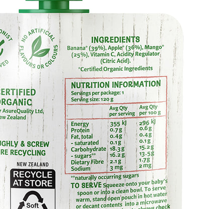 Only Organic Baby Food Apple, Banana & Mango 120g [6 mos+]