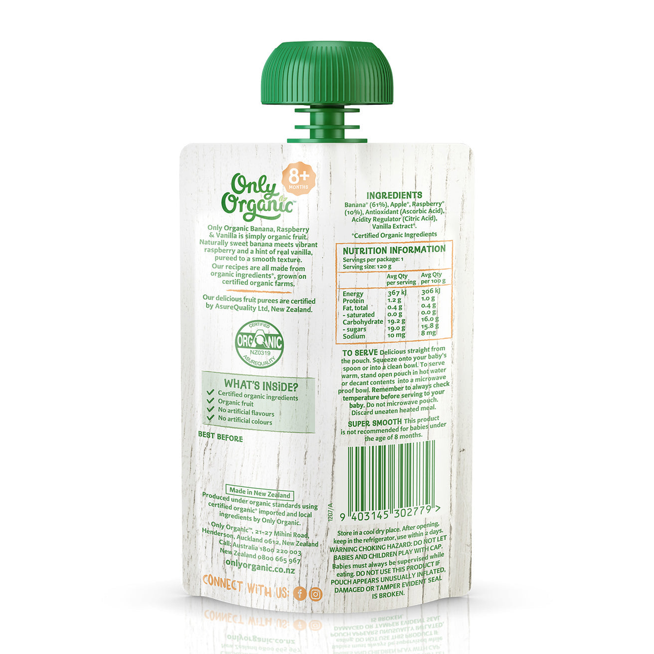 Only Organic Baby Food Banana, Raspberry & Vanilla 120g [8 mos+]