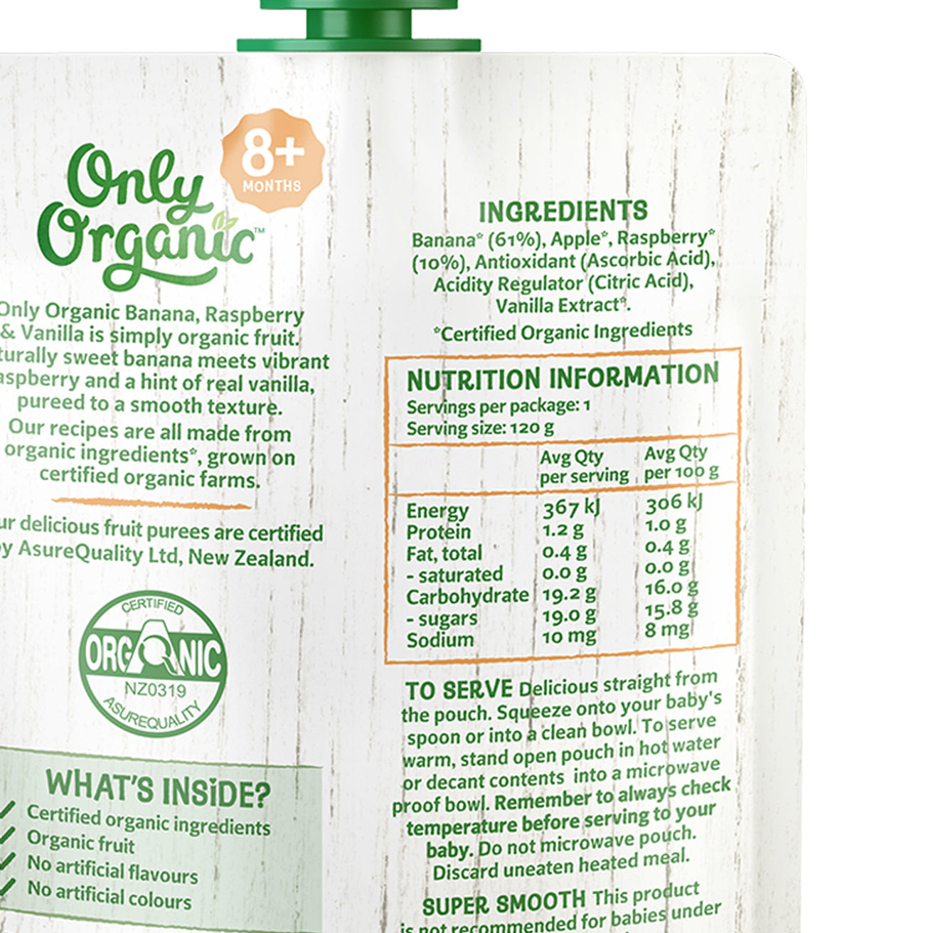 Only Organic Baby Food Banana, Raspberry & Vanilla 120g [8 mos+]