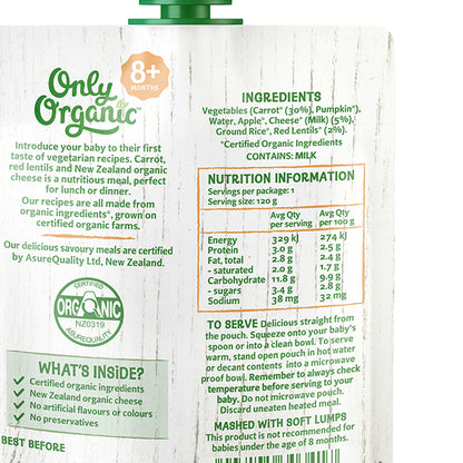 Only Organic Baby Food Carrots Red Lentils & Cheddar 120g [8 mos+]