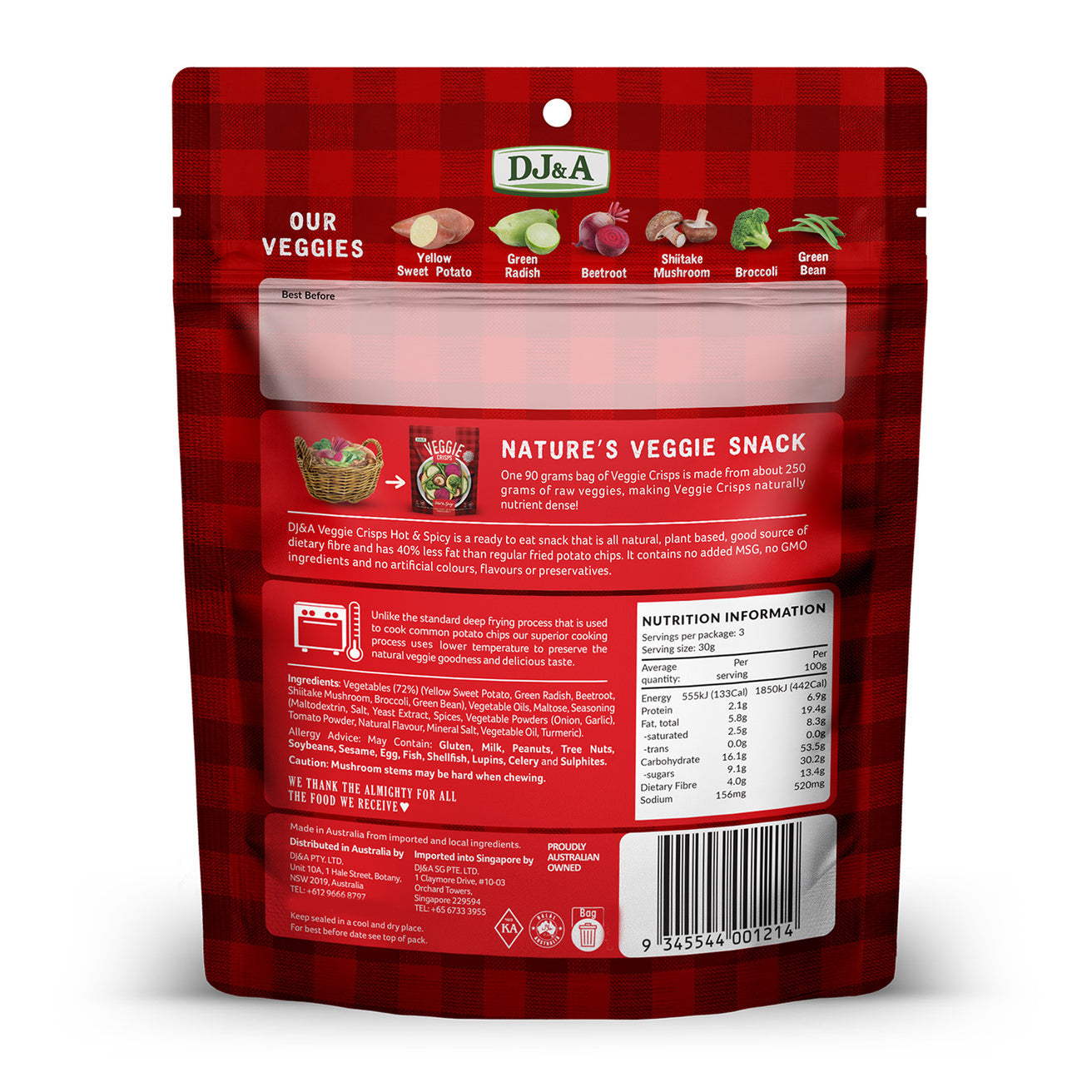 DJ&A Veggie Crisps Hot & Spicy 90g (All Natural, No Added MSG, No GMO)