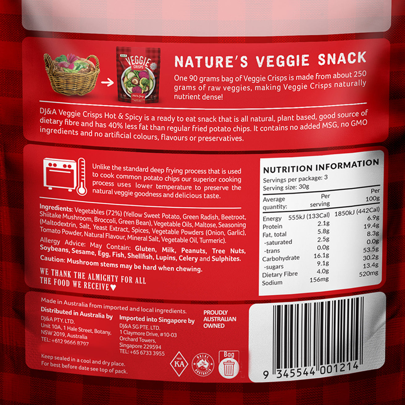 DJ&A Veggie Crisps Hot & Spicy 90g (All Natural, No Added MSG, No GMO)