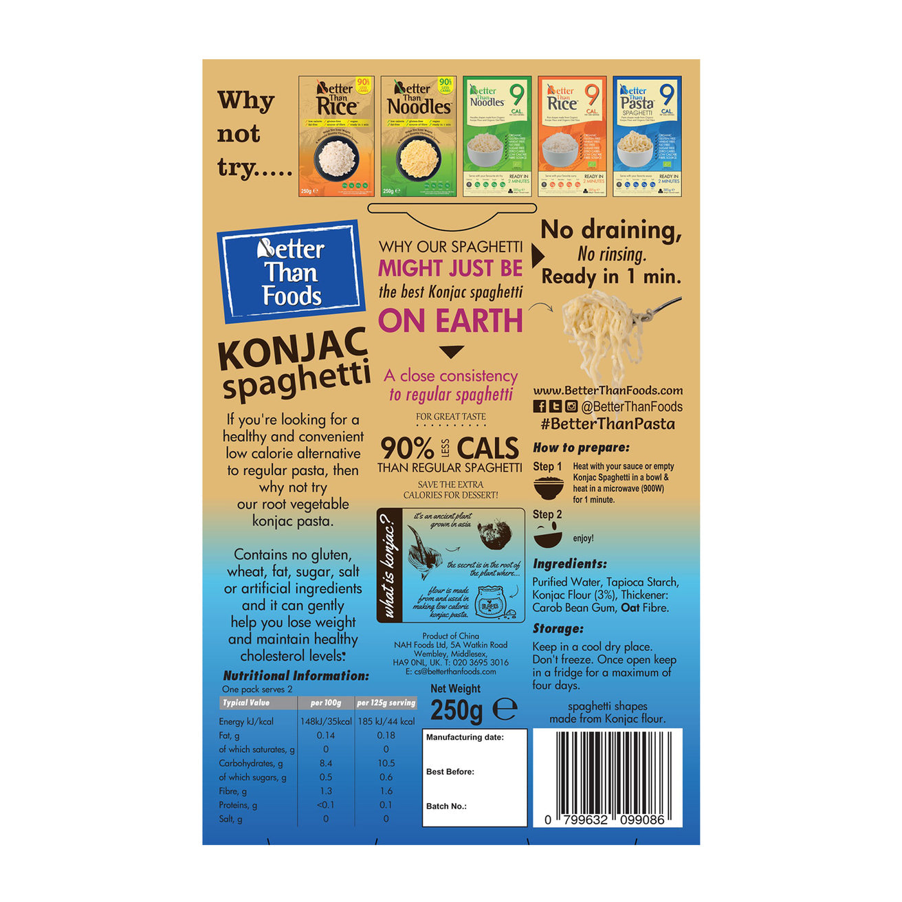 Better Than No Drain Konjac Pasta Spaghetti 250g (Gluten Free, Keto Friendly, Low Calorie)
