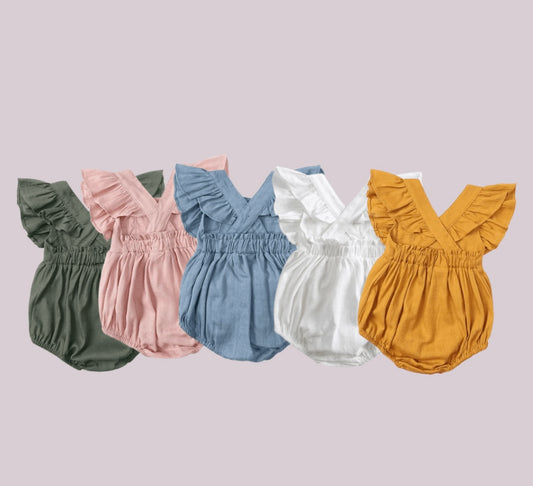 Littles Cotton Linen Ruffle Romper